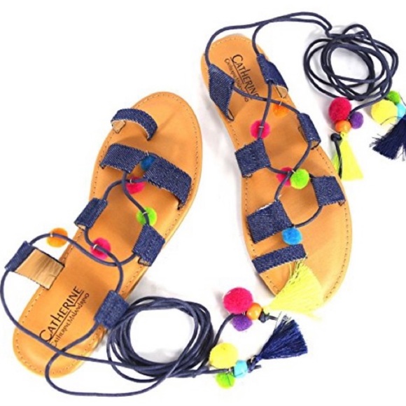 Catherine Malandrino Shoes - Denim Blue rainbow Pom Pom lace up sandals